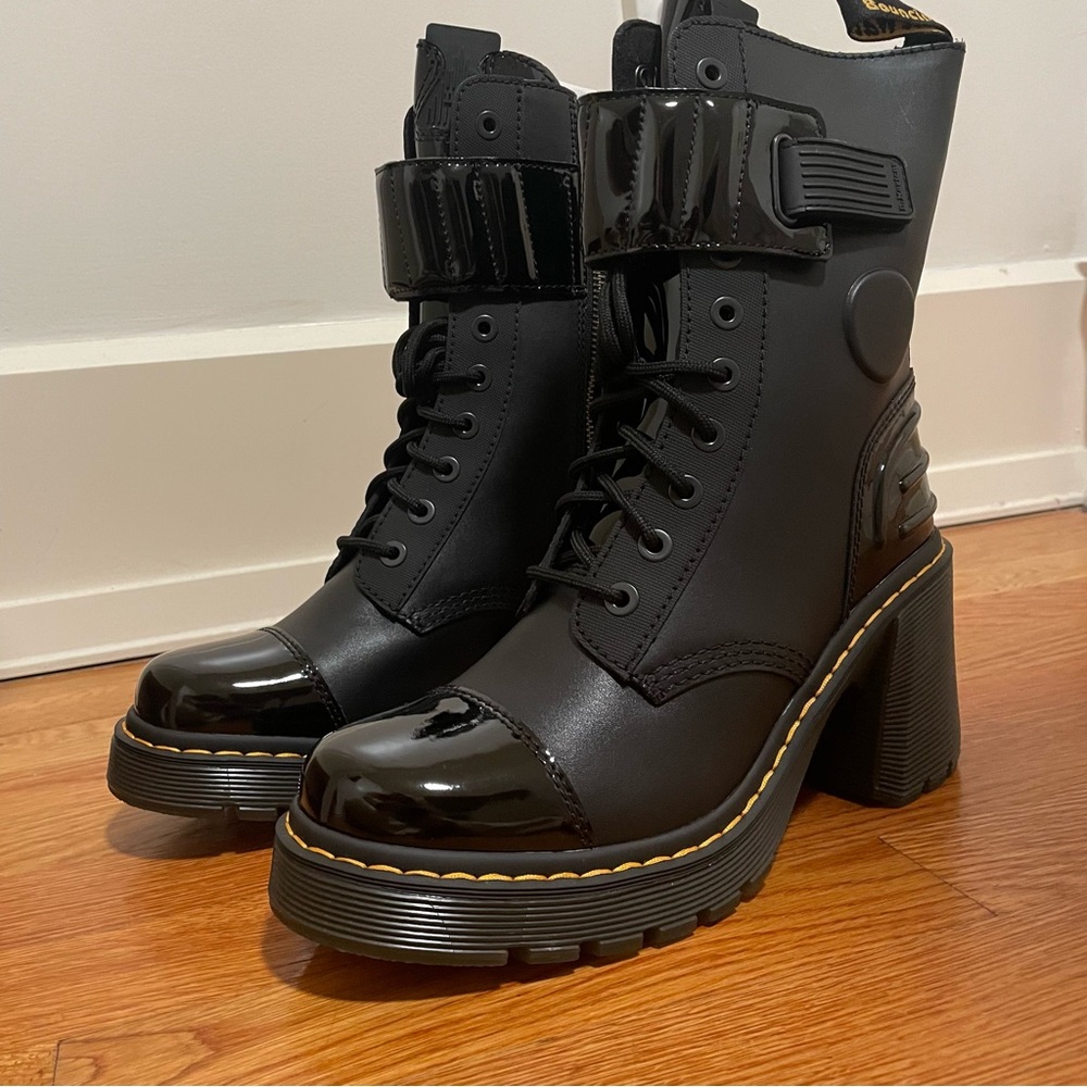 Dr. Martens GAYA 10-EYE ALTERNATIVE LEATHER HEELED BOOTS color black size US 9